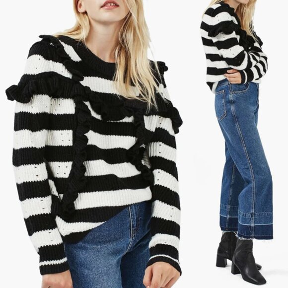 Topshop Humbug Ruffle Striped Knit Sweater Size 8 Black White Romantic Parisian - Picture 1 of 15